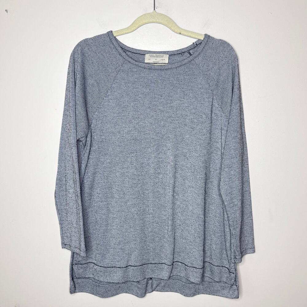 Zara Trafaluc Large Fine Striped Long Sleeve Crew Neck High Low Hem Stretch Top